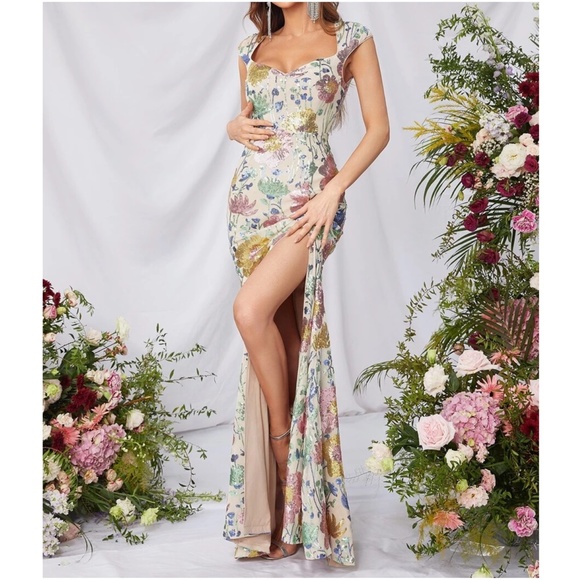 Luxe Floral Sequin Mermaid Hem Wedding Evening Formal Dress - Picture 4 of 9